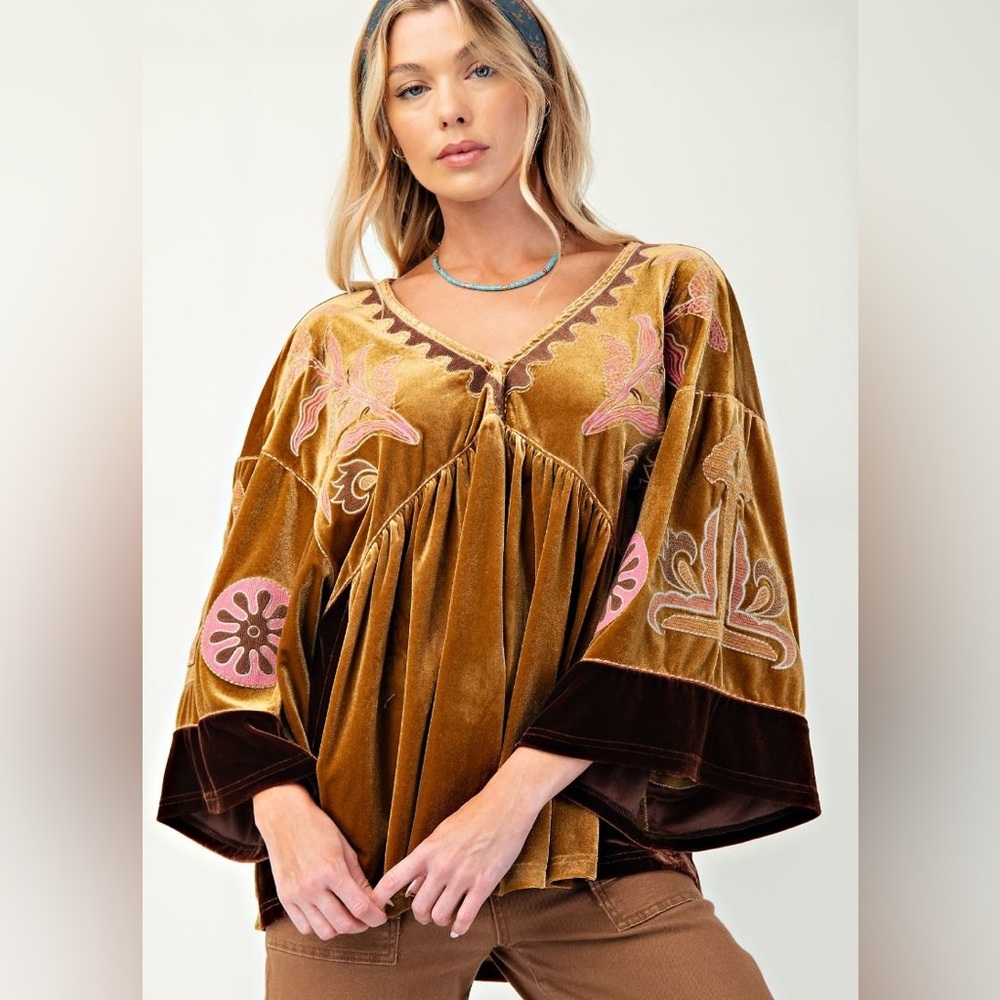 Bohemian Velvet Embroidered Top - Brown and Pink